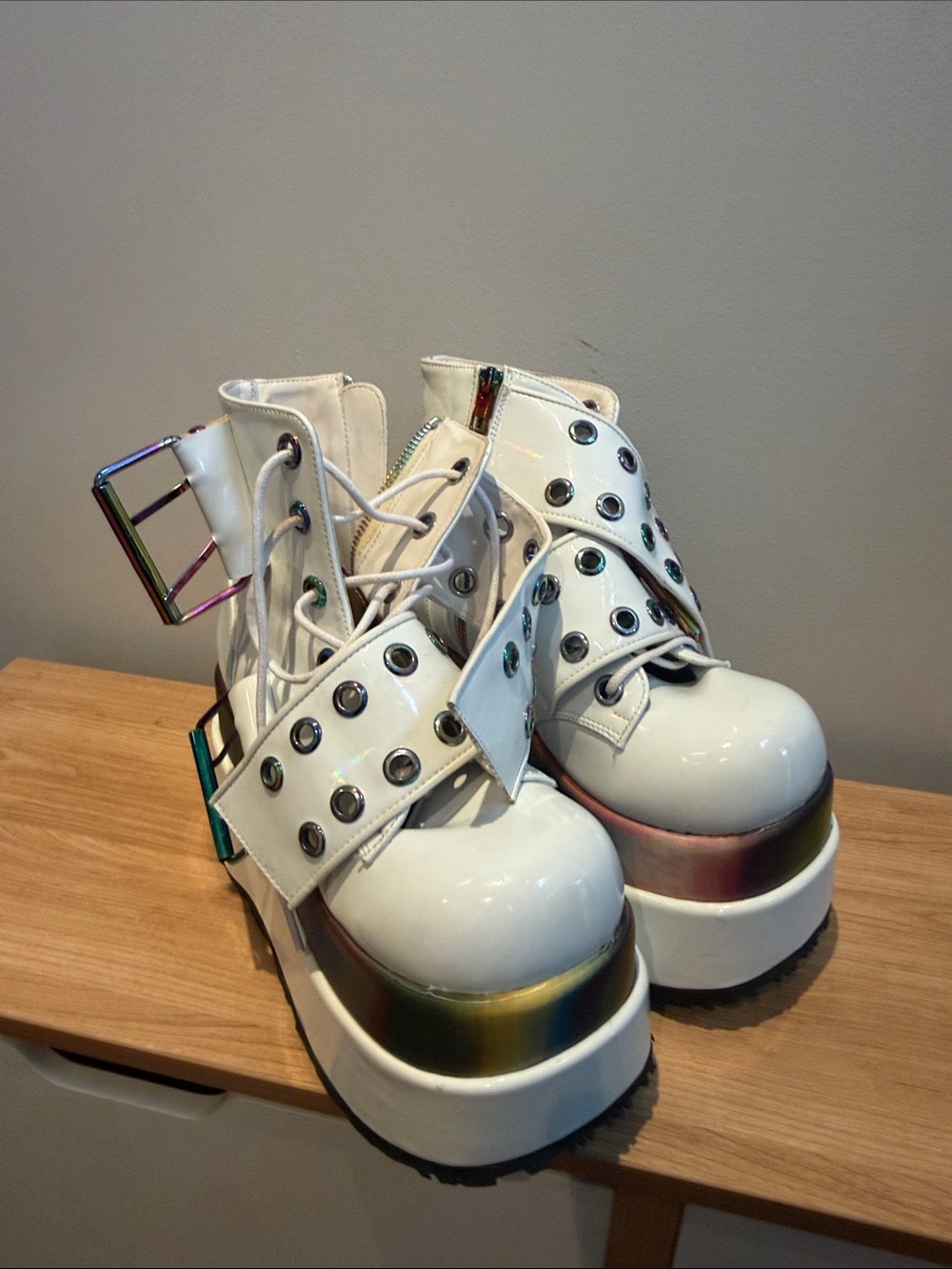 White Platform Lace-Up Womens Boots with Iridescent Accent